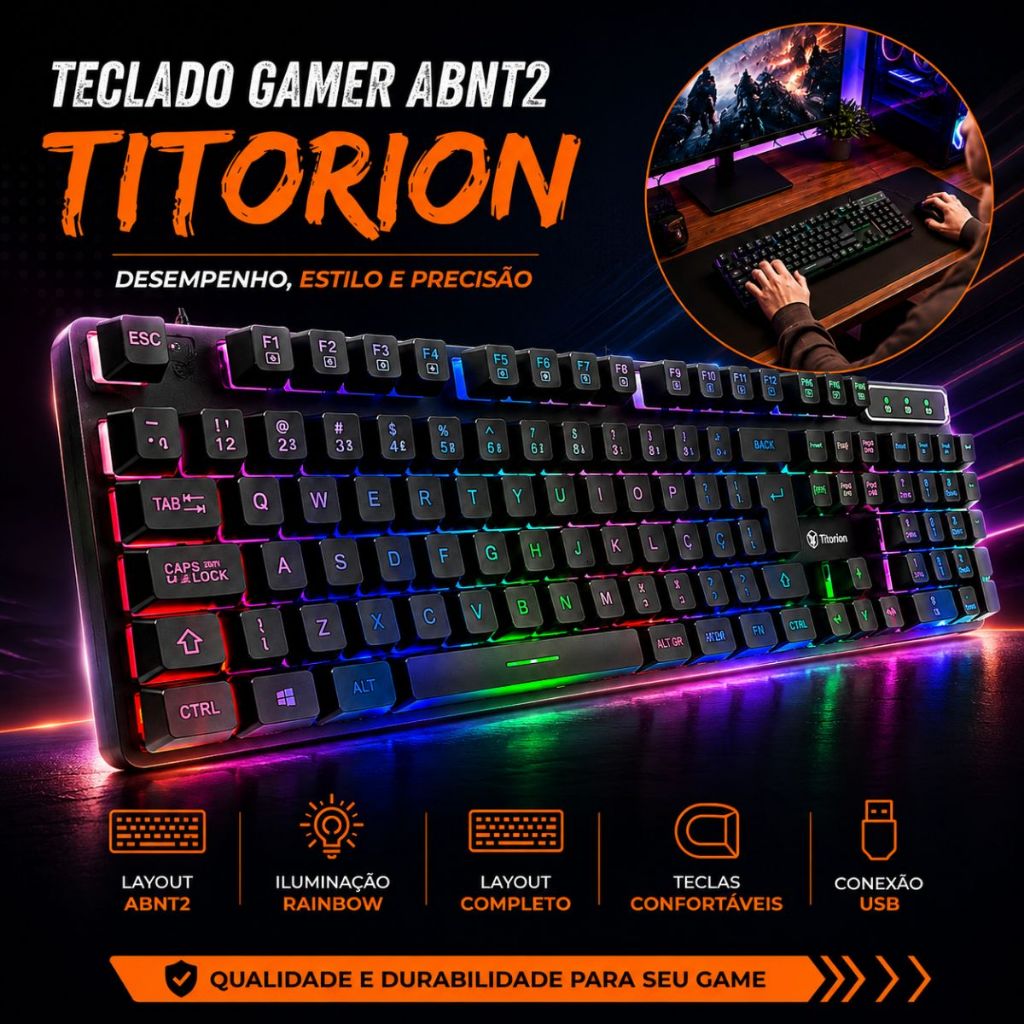 Teclado Gamer Semi Mecânico 100% com Fio Preto Abnt2 Usb Rgb Computador Videogame Titorion