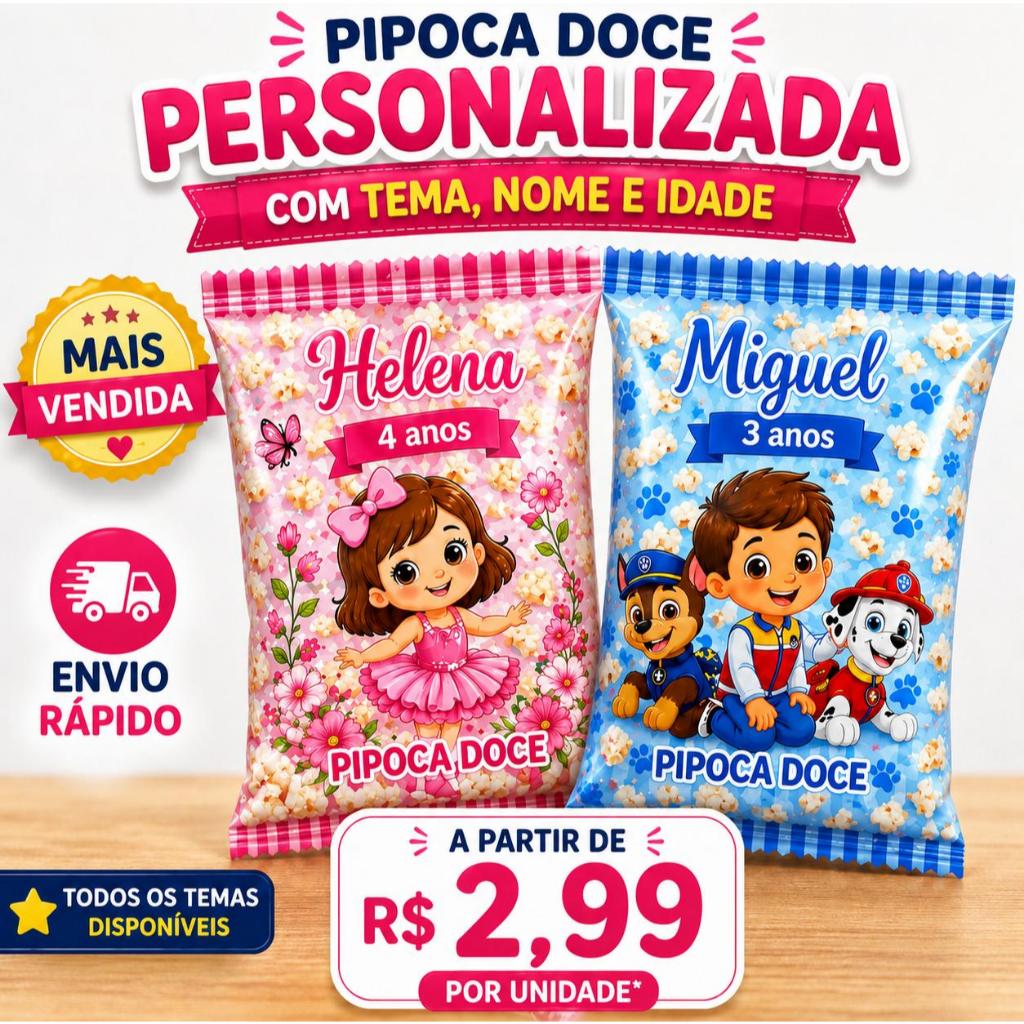 Lembrancinha Pipoca Doce Personalizada Festa Infantil Nome e Idade...