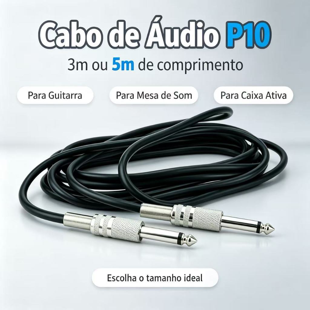 Cabo de Áudio P10 Mono 3/5Metros Compatível com Violão, Baixo, Teclado, Bateria Eletrônica, Caixa de Som e Amplificador