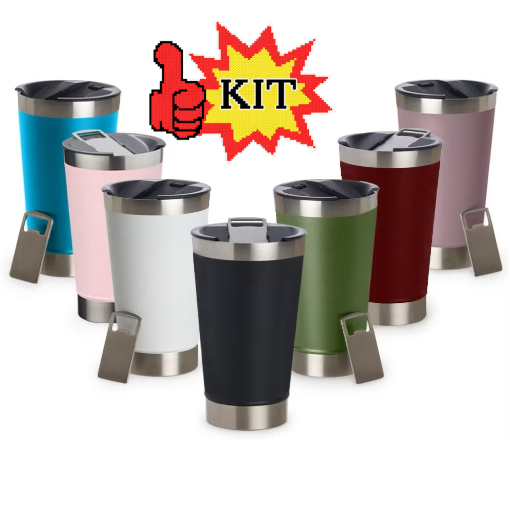 KIT 6/12/18 Copo Térmico de Cerveja OFERTA com Tampa Abridor 473ml - Conserva Gelado, Parede Dupla a Vácuo