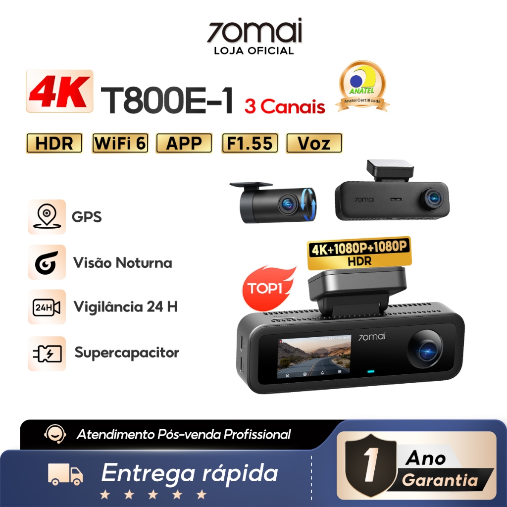Câmera Veicular 3 Canais 4K 70mai T800E-1 Hdr F1.55 Gps 24h Com