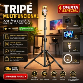 Tripé universal com suporte para celular - comp. Câmera Ring Light Iluminação Profissional 210cm