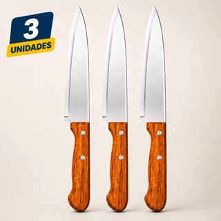 Kit 3 Facas De Cozinha 6 Polegadas 26cm Aço Inox Cabo De Madeira Profissional Churrasco Carnes