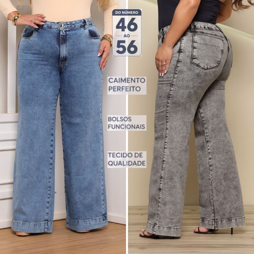 Calça Wide Leg GG Plus Size Feminina Pantalona Jeans Sem Elastano Sem ...