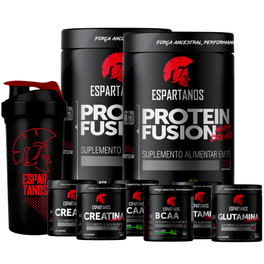 Kit 2x Whey Protein Fusion + 2x Bcaa + 2x Creatina Pura 100% + 2x Glutamina + Shaker - Espartanos