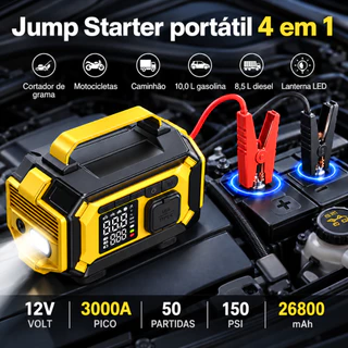 Auxiliar de Partida Portátil 3000A 150PSI Compressor de Ar Power Bank 26800mAh Lanterna LED Tela Digital