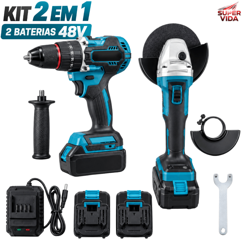 Kit Ferramentas 2 em 1 Luatek 48V Parafusadeira 25N.m + Esmerilhadeira Sem Fio 800W 2 Baterias