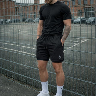 Kit 2 Bermudas Masculinas 2 em 1 Dry Fit com Compressão e Bolso Celular para Academia Corrida Treino