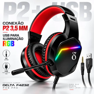 Fone De Ouvido Com Fio Headset Gamer RGB Pro 50mm Microfone P2 3,5mm PC PS5 Xbox Celular Headphone RGB Delta F4232