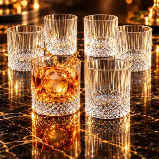 Jogo 6 Copos Whisky Vidro Lapidado Estilo Cristal Copo Bar Uisque Drink Agua Suco 230ml