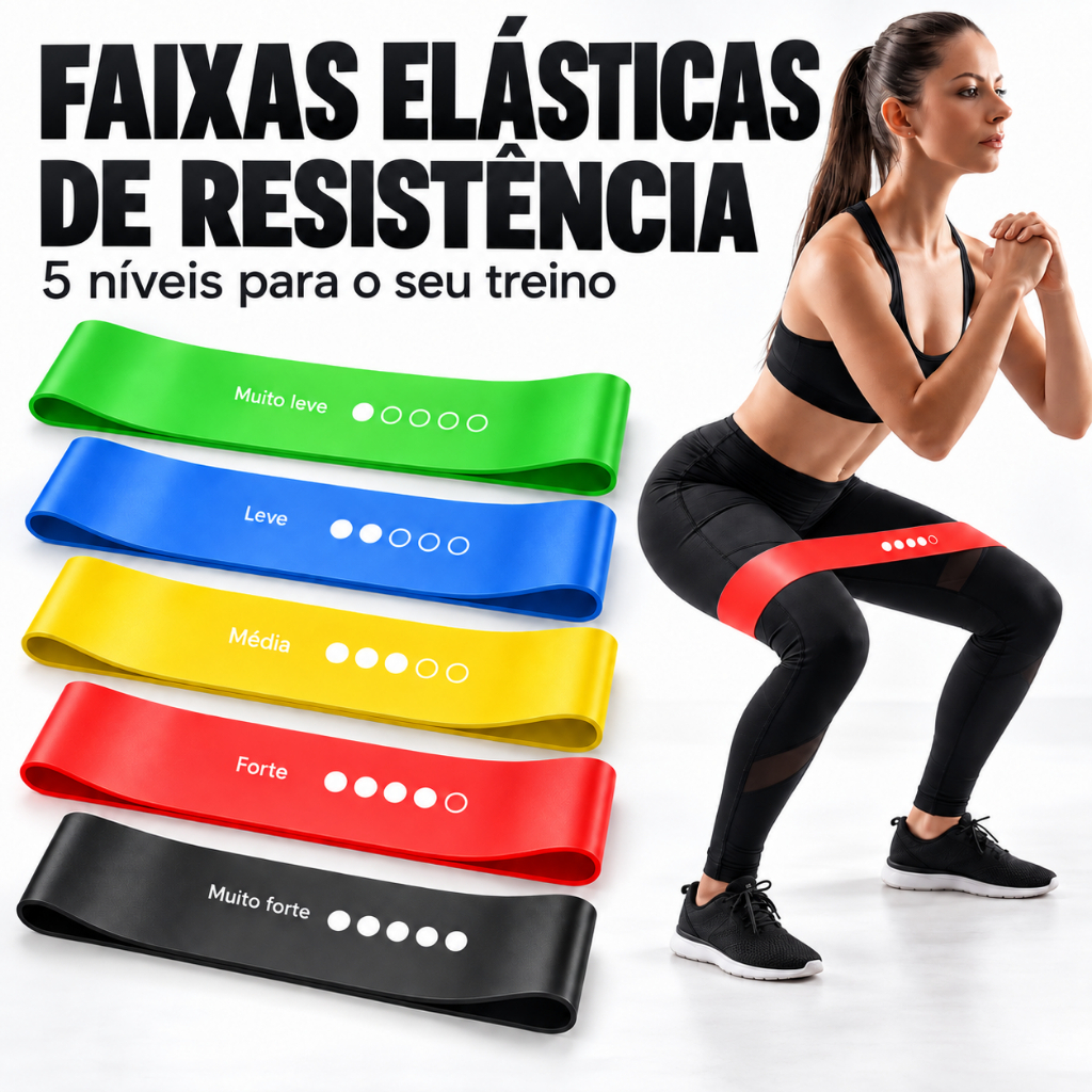 Kit 5 Faixas Elásticas de Resistência para Treino Pernas Glúteos Pilates Yoga Academia Musculação Funcional