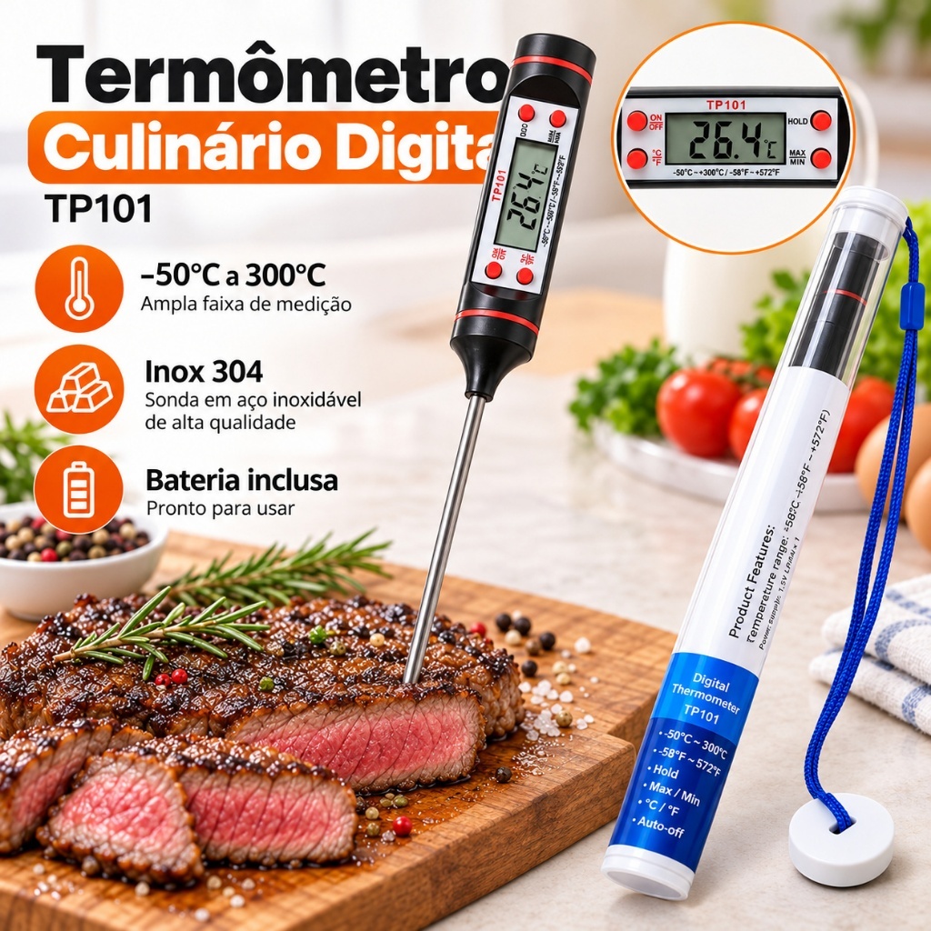 Termômetro Culinário Digital Espeto TP101 Inox 304 Grau Alimentício -50°C a 300°C com Bateria