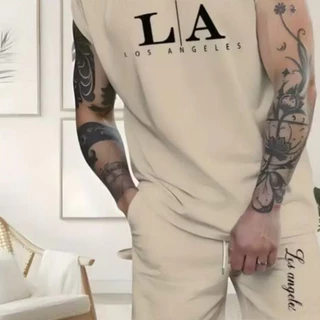 Conjunto Regata Machão e Bermuda Moletom Com Bolso L A Los Angeles Estilo Esportes Verão Varias Cores!