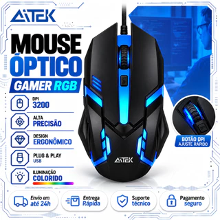 Mouse Gamer RGB USB Óptico 1200 DPI LED Colorido Alta Precisão Plug Play para PC Notebook Jogos Gamer Aitek