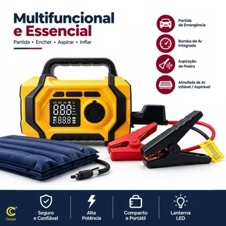 5 em 1 - Auxiliador de Partida Compressor Ar PowerBank Led 29800 mAh 3500 Pa 6 Funções Carro