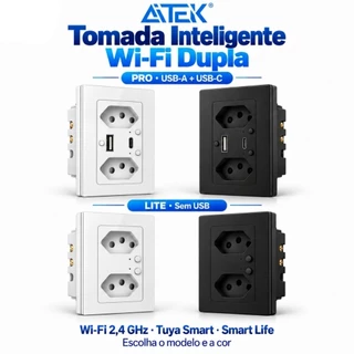 Tomada Inteligente Dupla de Parede Aitek Wi-Fi 2,4 GHz Bivolt Controle por Aplicativo Tuya Smart