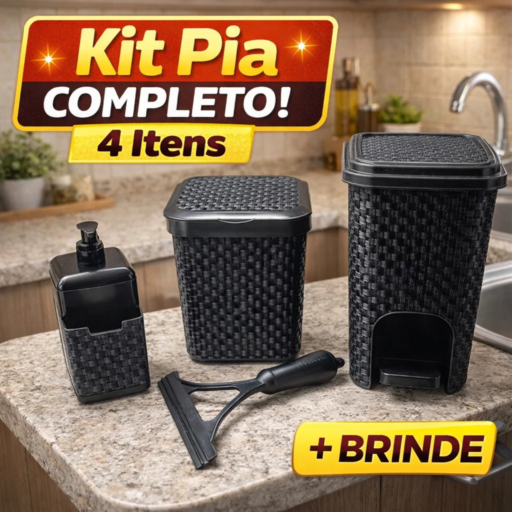Kit Lixeira Pia 5L 7L com Pedal Porta Detergente Sabão Rodinho – 4 itens Organização Cozinha