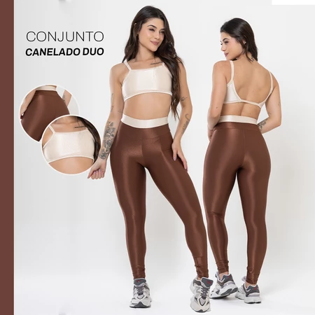 Conjunto Canelado Duo marrom com top bege