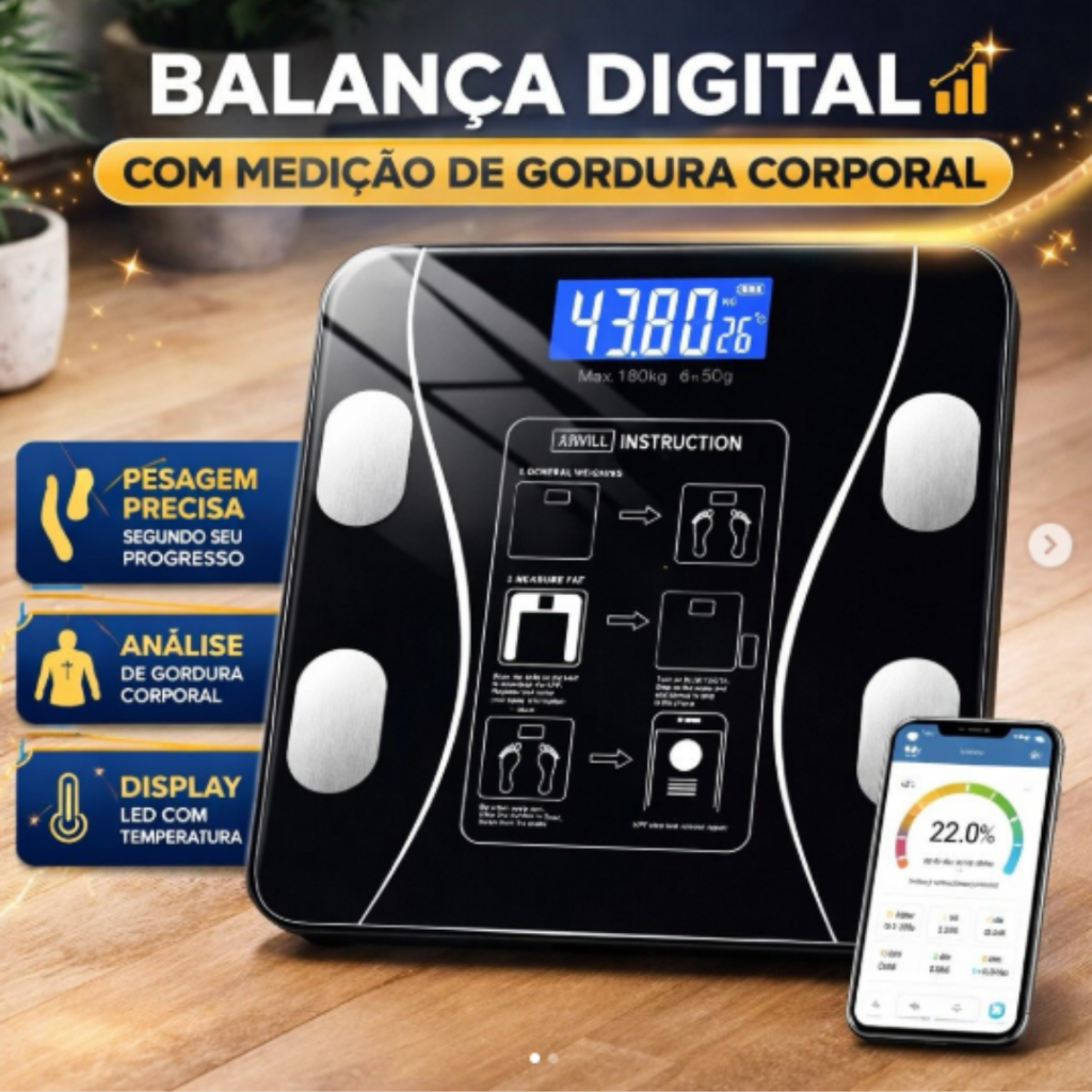 Balança Digital Corporal Fit Bioimpedância Conexão Bluetooth App ...