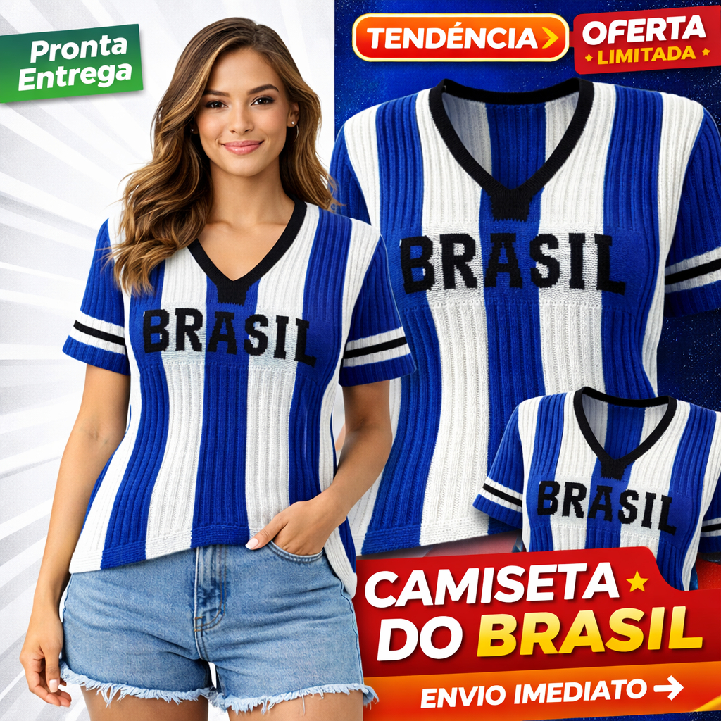 Blusa Tricô Brasil Feminina Copa 2026 Camiseta Brasil Estilo Retrô Manga Curta Moda Torcida em Oferta na Shopee