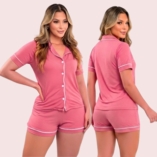 Conjunto Pijama Americano Curto Liso Rosa Chiclete Luxo Malha Macia Blogueira Verão Premium em Oferta na Shopee