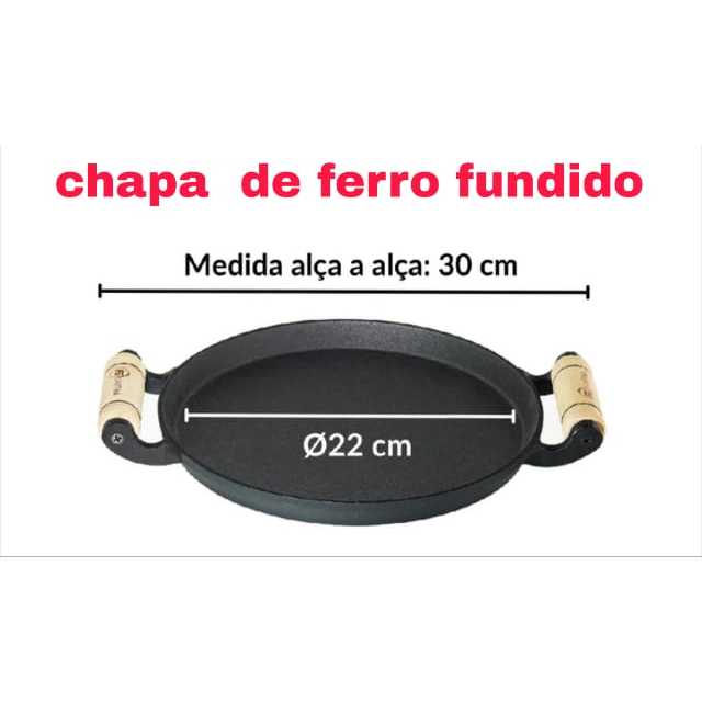 Chapa Bifeteira Redonda 22 cm Ferro Fundido Alças de Madeira