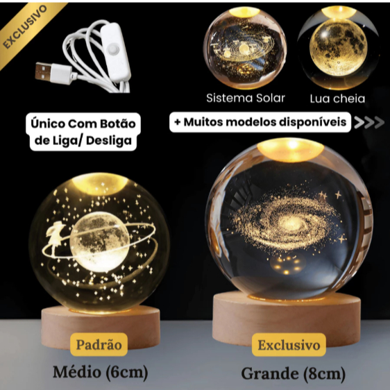 Luminária Led de Mesa Bola de Cristal Vidro 3d Base Madeira Decoração Enfeite Presente  Com rotação | Shopee Brasil
