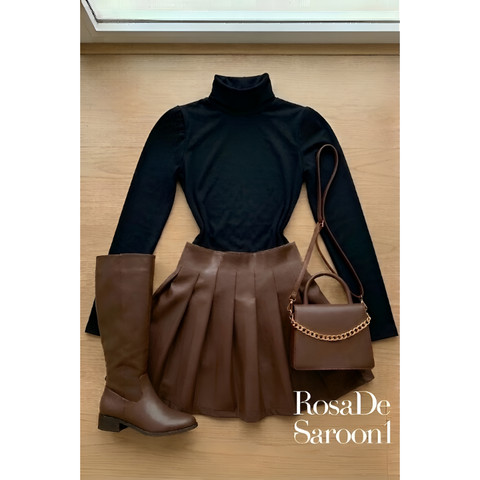 Conjunto Feminino Body Gola Alta Marrom + Saia Couro Plissada — foto 1 — Achou Levou Brasil