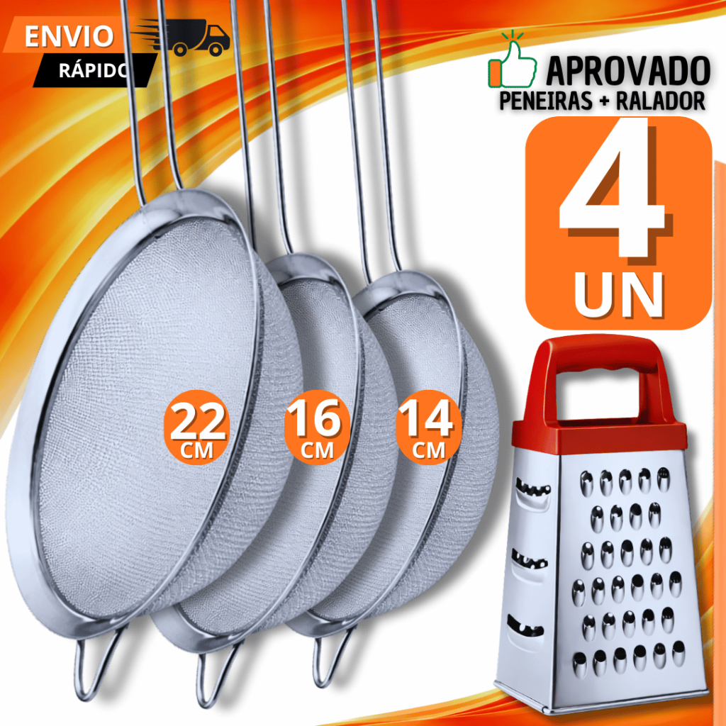 Kit 04 Peças - 3 Peneiras Coador Manual Em Aço Inox Para Coz
