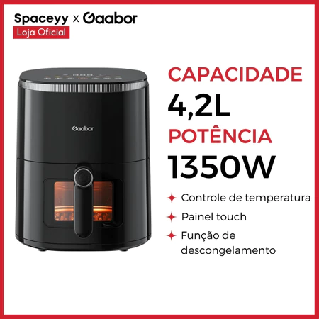 Fritadeira elétrica Gaabor preta exibindo informações técnicas como capacidade de 4.2L e potência de 1350W ao lado.