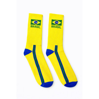 Meia Brasil Unissex Canelada Adulto Futebol Copa Hexa Corrida Bike Cano Médio Branco Azul Amarela
