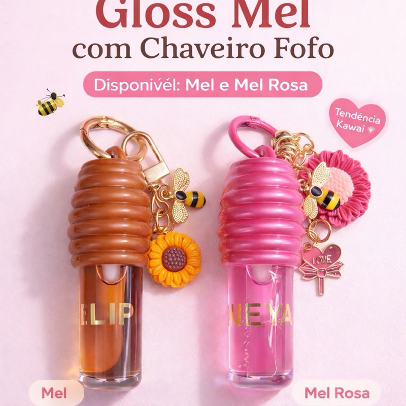 Lip Gloss Mel com Chaveiro Fofo Hidratante Brilho Labial (Mel e Mel ...