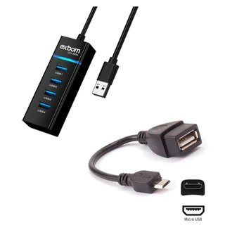 Kit Mobilador Hub USB 4 Portas + Cabo Adaptador OTG USb Micro Usb V8 Para Celular e Notebook