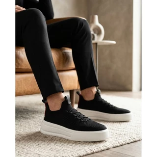 Tênis Masculino Cadarço Elástico Sapatênis Meia Knit Couro Sintético Tecido
