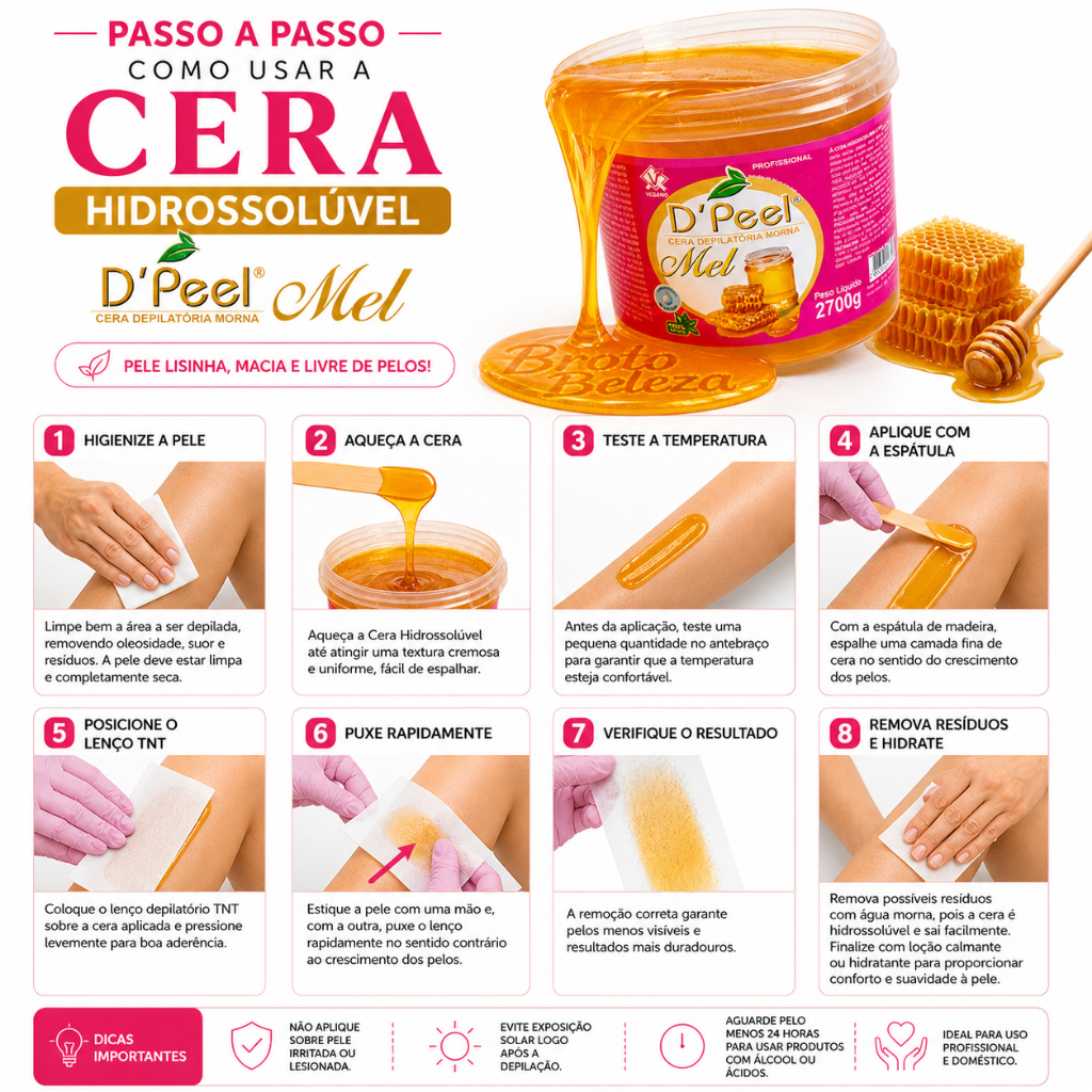 Cera Depilatória Hidrossolúvel D'PEEL Balde 2700g Mel, Camomila