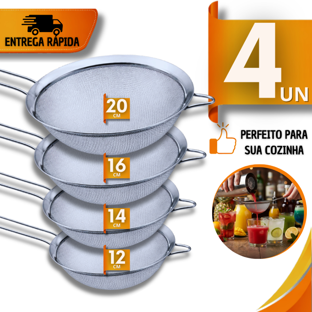 Combo Peneiras 20/16/14/12 cm Inox Cozinha Confeitaria Polvi