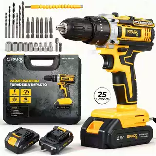 Parafusadeira Furadeira Sem Fio 21V 2 Baterias Bivolt Profissional Maleta Kit 26 Acessórios SparkBr