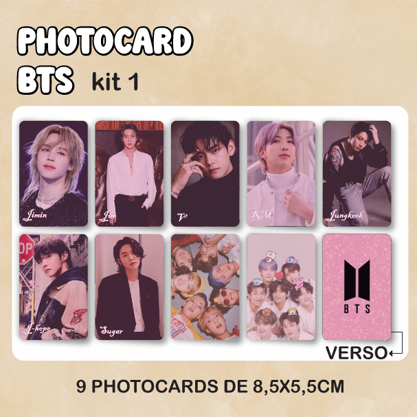 Photocard BTS K-pop – Kit 9 Cards 8,5x5,5cm Plastificado Fanmade