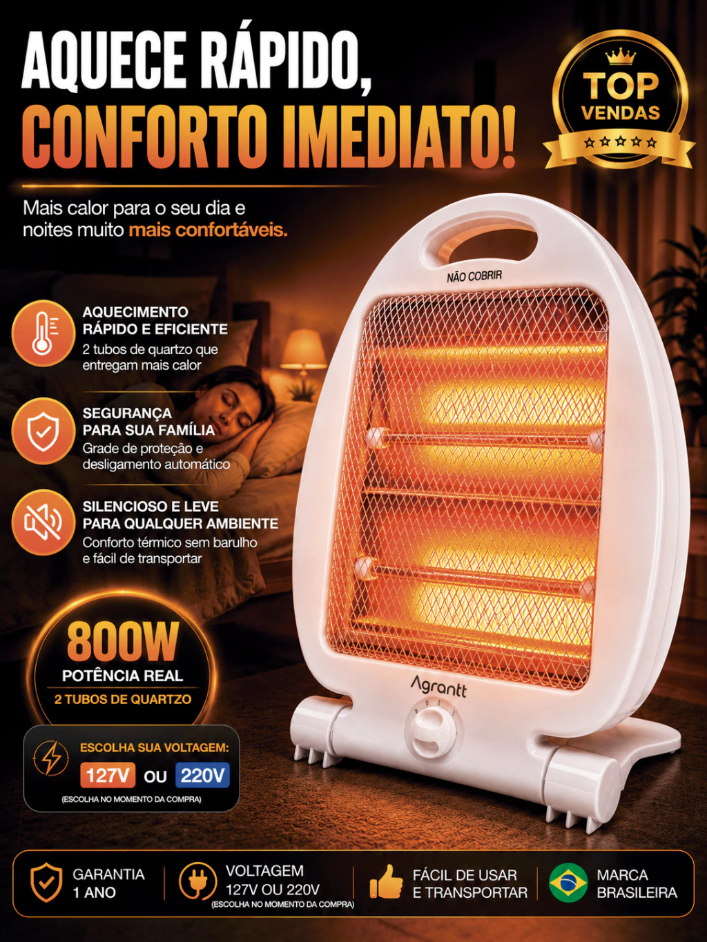 Aquecedor Doméstico Elétrico Agrantt Quartzo 400/800W Portátil