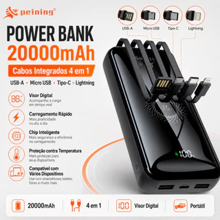 Power Bank Peining 20000mAh Carregador Portátil 4 em 1 USB-A Tipo-C Micro USB Lightning