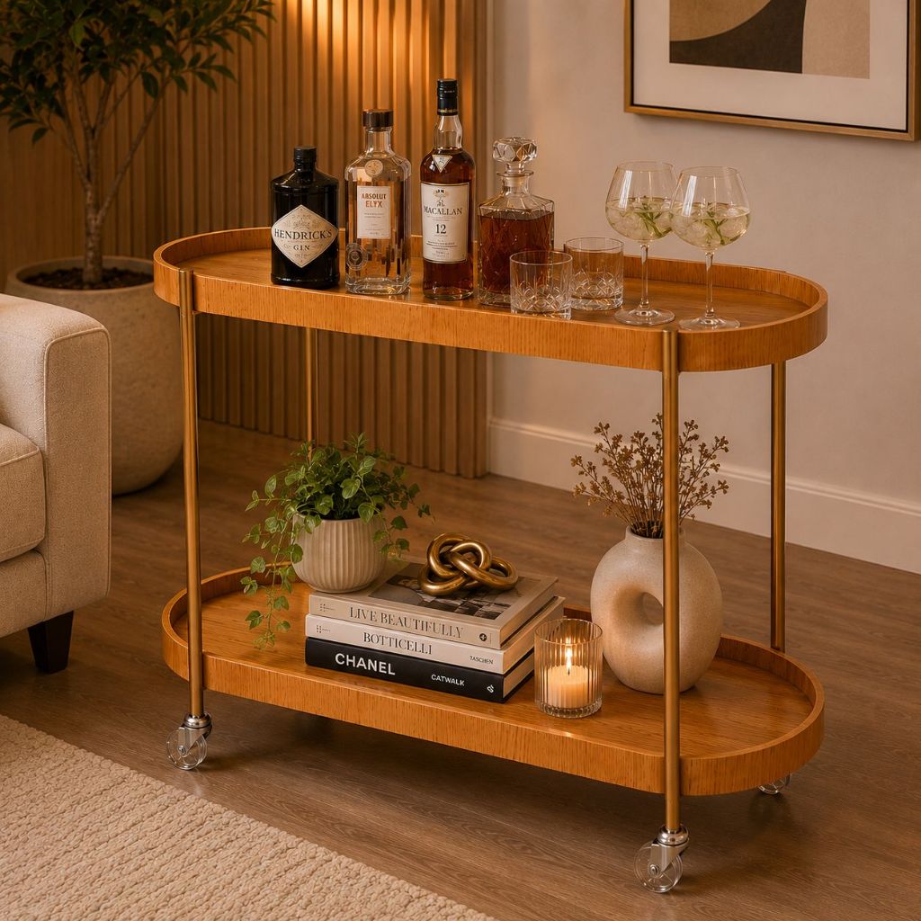 Carrinho Bar Oval Cinamomo Multiuso Dourado com Rodinhas Cristaleira Aparador Adega Decorativa Moderna Base em Aço