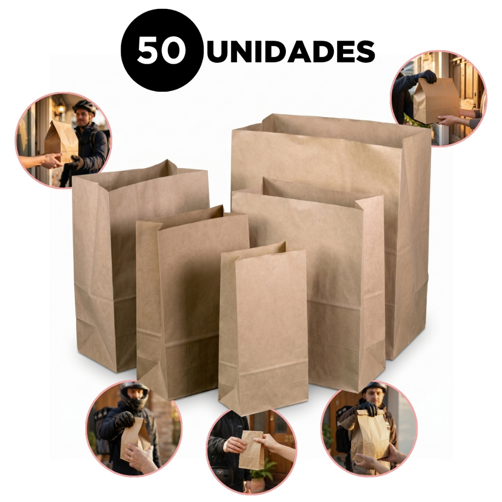 Kit Sacos Papel Kraft Embalagem Para Delivery com 50 UNIDADE