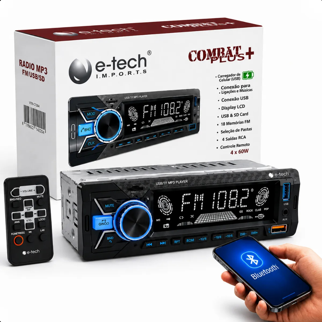 Auto Radio Fm Mp3 E-tech Combat Plus+ Bt Usb Carrega Celular | Shopee ...