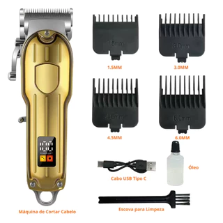 Máquina de Cortar Cabelo Profissional Recarregável com Pentes USB-C Visor LED