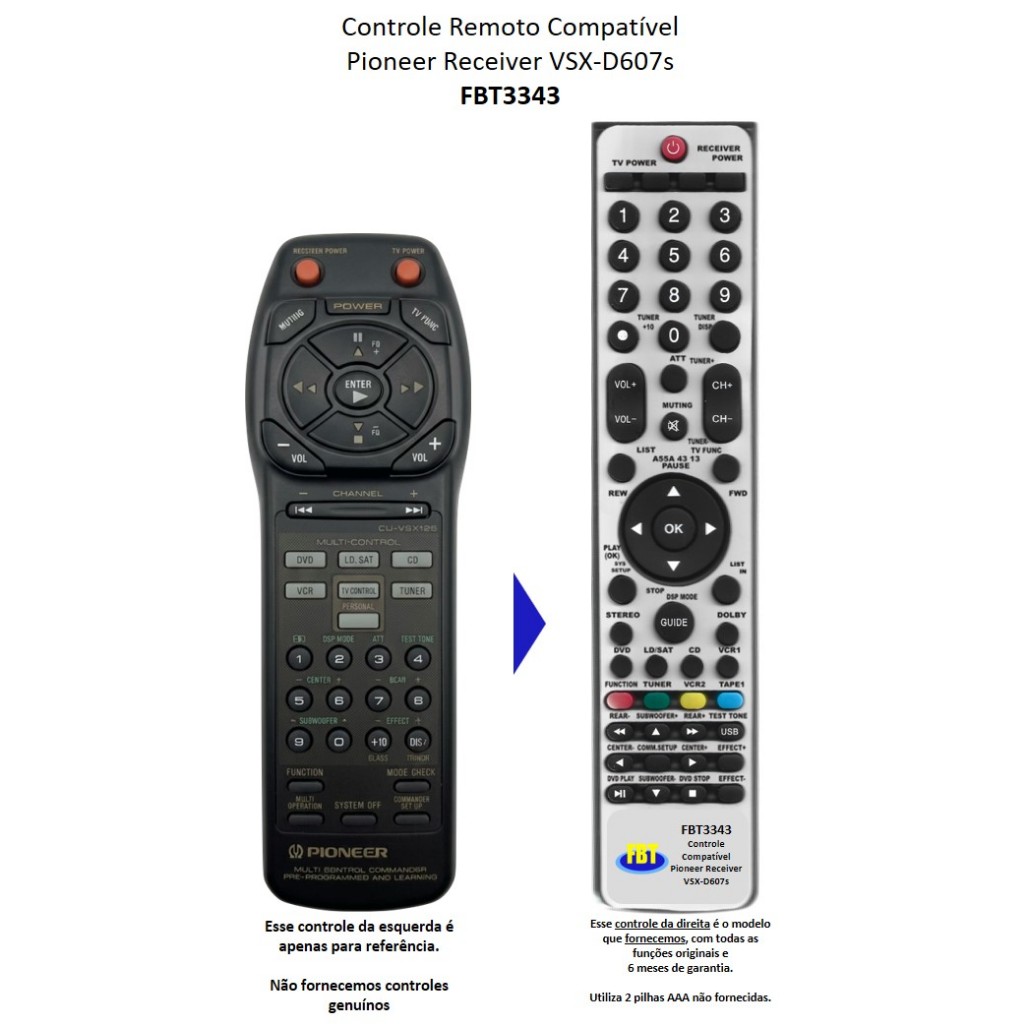Controle Remoto Compatível Pioneer Receiver VSX-D607s FBT3343