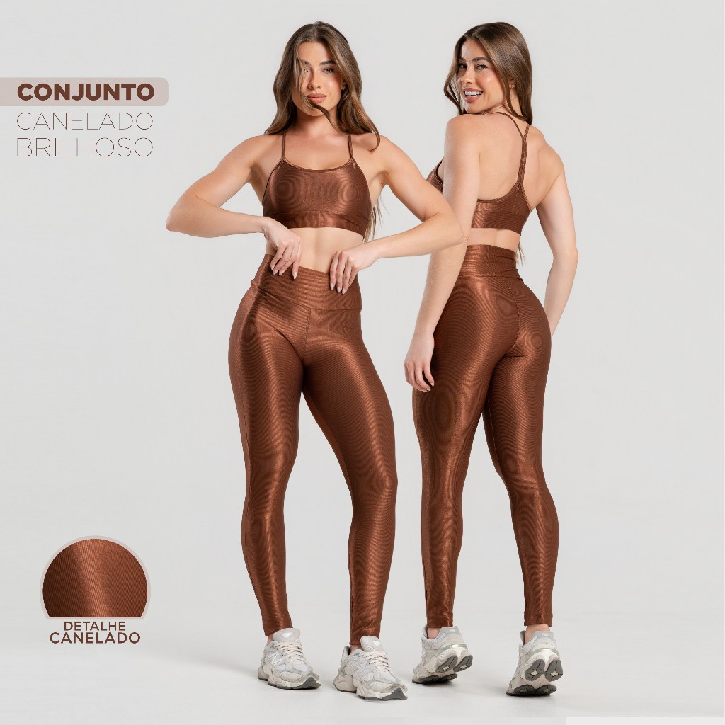 Conjunto Fitness Trilobal Canelado: Top + Legging Cós Alto (várias cores)