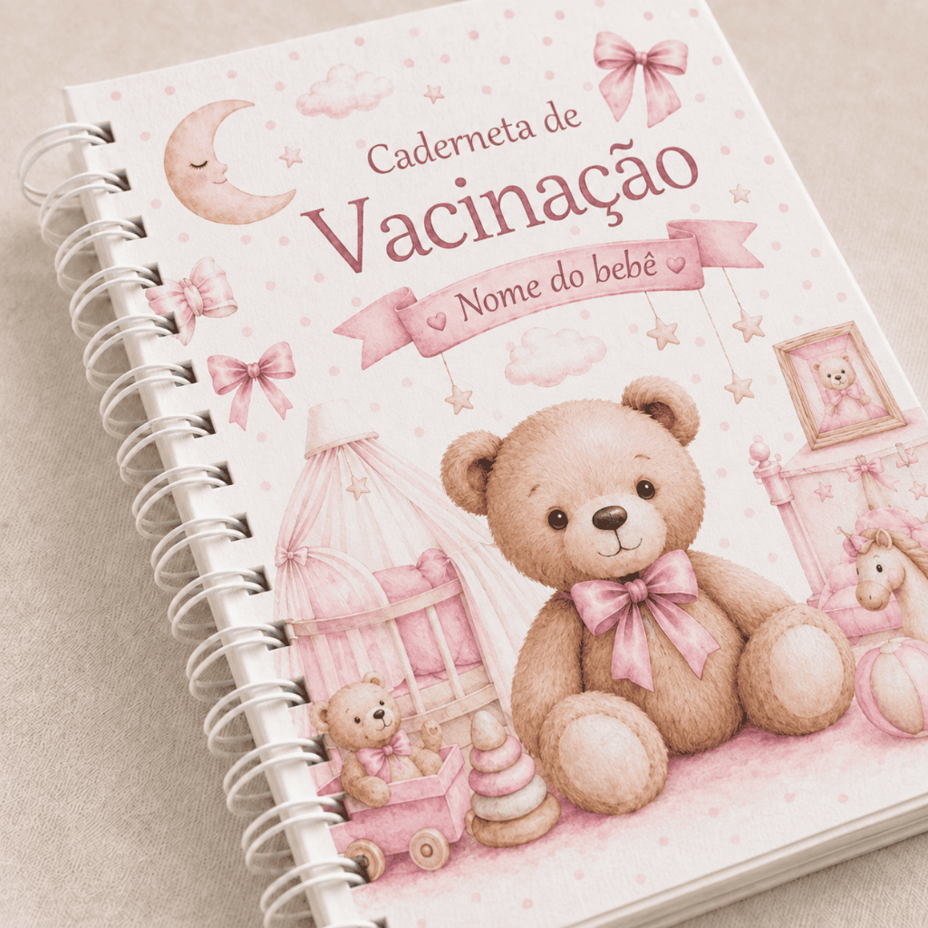 Caderneta de Vacinação do bebê Personalizada com Nome - Ursinho Rosa Menina