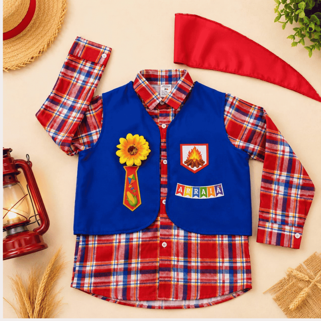 CAMISA XADREZ MENINO COM COLETE E GRAVATA FESTA JUNINA 4 A 12