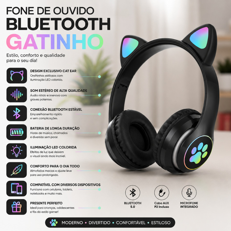 Fone De Ouvido Fone sem Fio Fone Gatinho Led Fone Bluetooth Fone Crianças Fone Gamer Headset Gamer