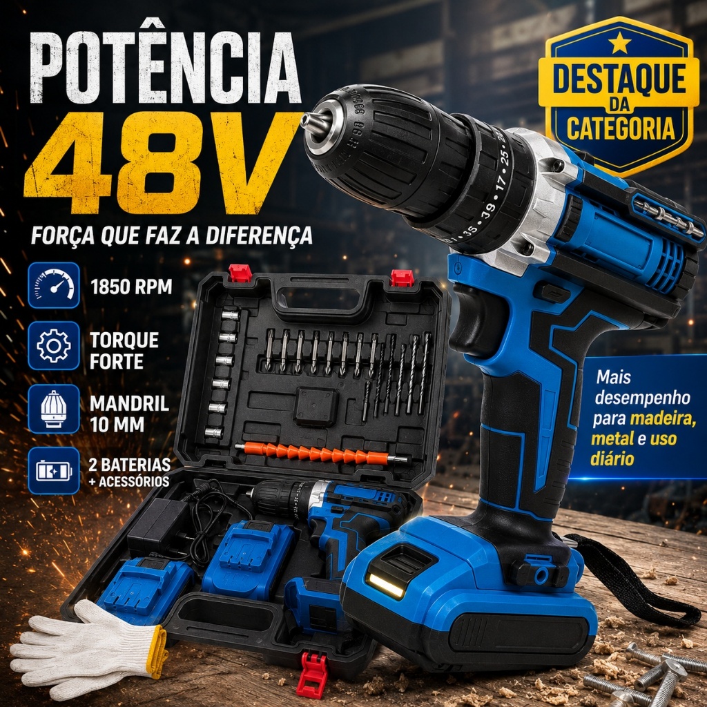 Parafusadeira Furadeira de Impacto a Bateria Recarregável Sem Fio furadeira de impacto 18v/48v 2 Baterias Com Caixa colo